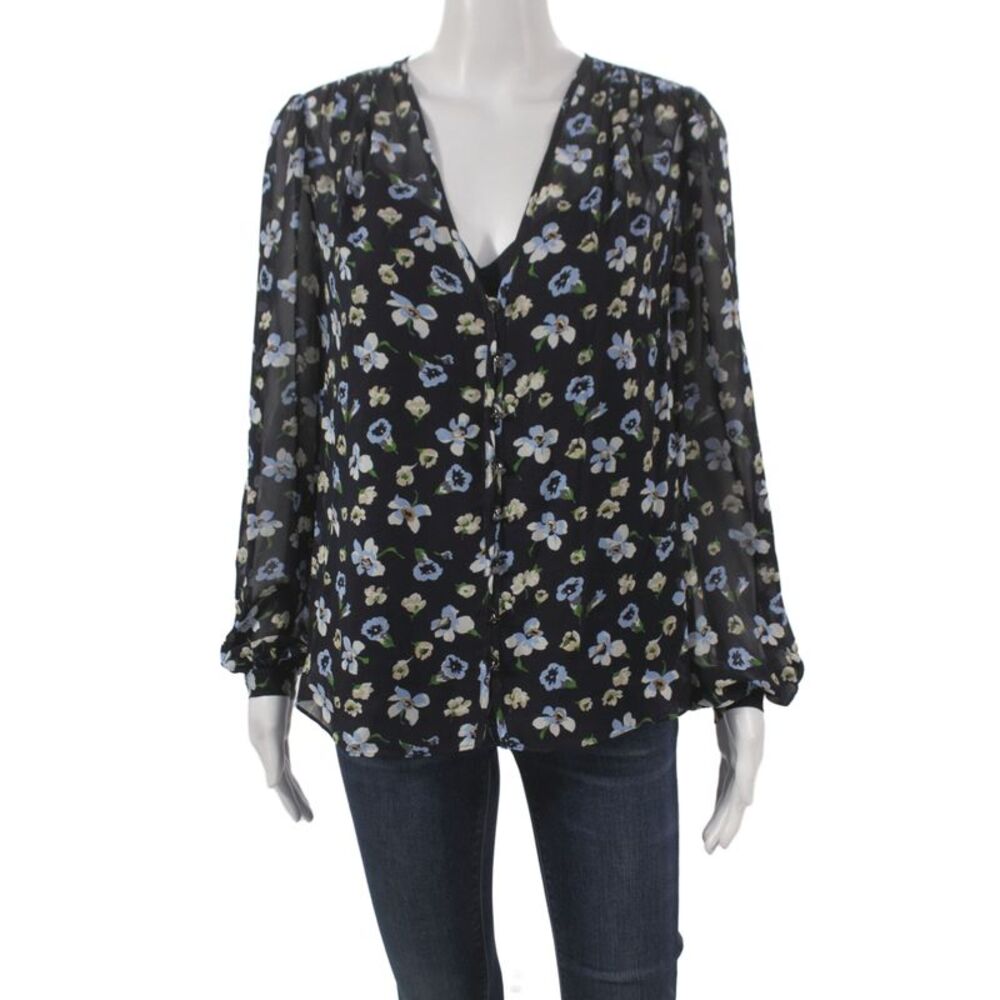 Veronica Beard Women Tunic Blouse Black Silk V-Neck Long Sleeve Size 2